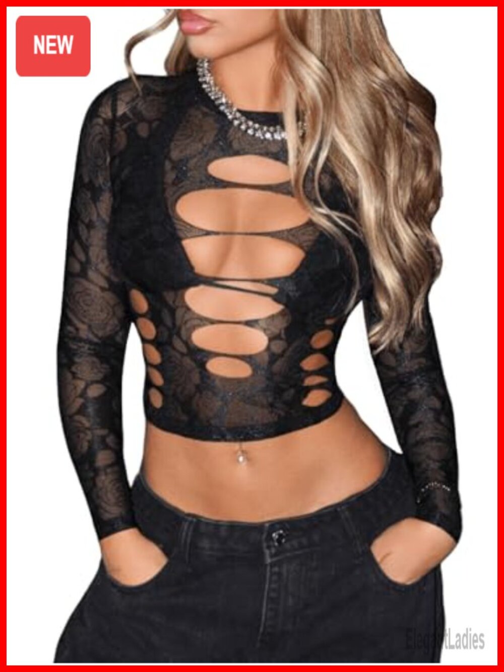 Women's Sheer Mesh Long Sleeve Crop Top Cutout Club Party Shirt